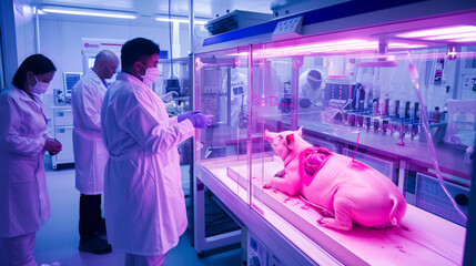 Animal Testing Facility. Researchers Observing Pig in Controlled Environment Laboratory