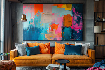 a statement wall with a large-scale abstract painting.