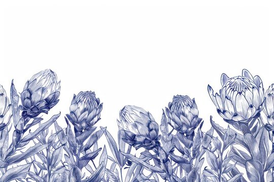 Vintage drawing protea flowers illustrated artichoke vegetable.