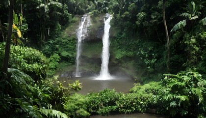 Fototapeta na wymiar A cascading waterfall surrounded by lush tropical upscaled 3