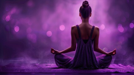 Woman Sitting in Lotus Position on Purple Background