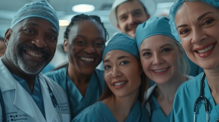 Portrait of a group of happy doctors, nurses, and other medical staff in a hospital.
