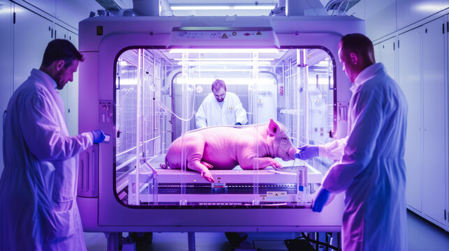 Xenotransplantation Research. Pig Model Study in Laboratory Setting with Scientists Conducting Experiment