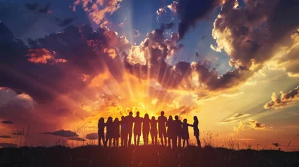 Zelfklevend Fotobehang Silhouette of people embracing under a sky of unity © KerXing
