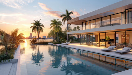 A stunning modern mansion with an infinity pool, palm trees and the Miami city skyline in the background at sunset. Created with Ai - obrazy, fototapety, plakaty