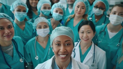 Portrait of a group of happy doctors, nurses, and other medical staff in a hospital.