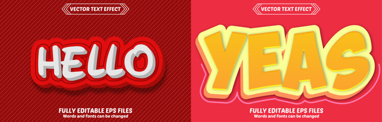 Bundle of 3d yeah Hello editable text effect design vectors. Set of editable text effect designs. Modern editable text effect vector design. Editable text style effects - Yes text style theme. 