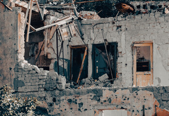destroyed houses in an abandoned city without people in Ukraine