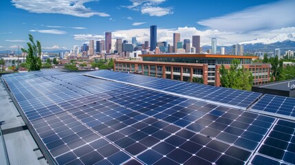 Solar panels on a commercial building with a city skyline in the background