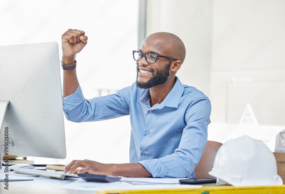 Poster Engineer, architect or designer success with computer at desk for plan, research or building blueprint. Tech, project manager or black man happy with working online, web design or digital model