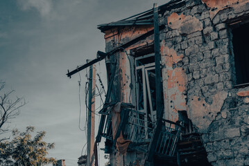 destroyed houses in an abandoned city without people in Ukraine