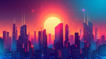 Illustration of Futuristic City at Sunrise, Vibrant Urban Skyline, Neon Colors in Digital Art, Vector Concept of High-Tech Metropolis - obrazy, fototapety, plakaty