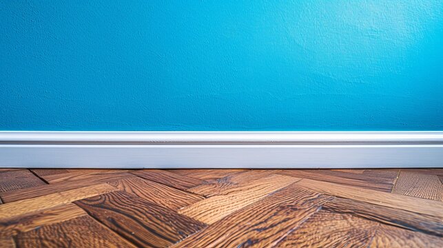 Blue and white vintage wall background with copy space in mock up room on brown parquet floor