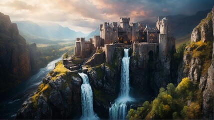 滝と城の風景,Generative AI AI画像