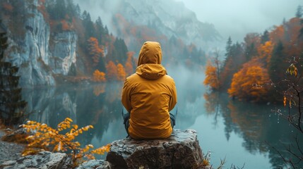 Person Sitting on Rock Overlooking Lake