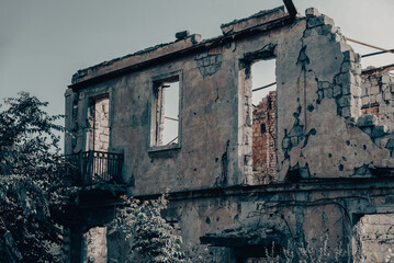 destroyed houses in an abandoned city without people in Ukraine