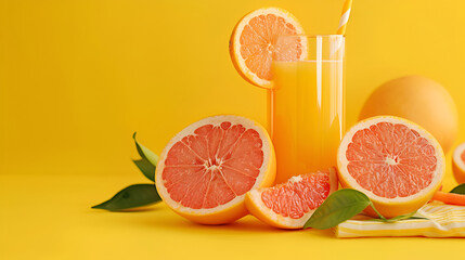 Tasty freshly made grapefruit juice on yellow table,Freshly squeezed grapefruit juice set, on yellow textured summer background, with copy space , Glass bottle of orange juice with  ripe orange