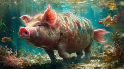 A large fictional underwater pig swimming in a sea of plants and fish, AI