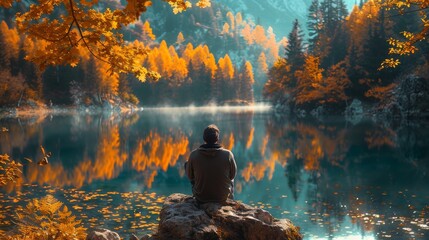 Person Sitting on Rock Looking at Lake - obrazy, fototapety, plakaty