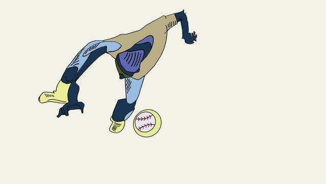 Animation of a baseball player is trying to catch a ball.