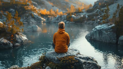 Person Sitting on Rock Looking at Lake