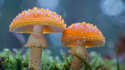 Two orange mushrooms with water droplets on them