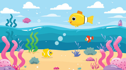 Naklejka na ściany i meble Sea animals with landscape - cute cartoon vector illustration