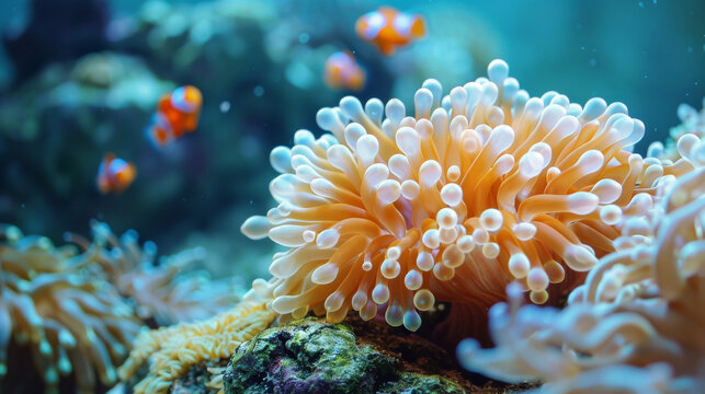 A large orange flower with white spots is surrounded by other sea creatures
