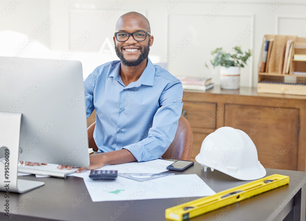 Poster portrait, engineer or architect black man with computer at desk for planning, research and building 