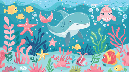 Sea life marine animals set with underwater landscape