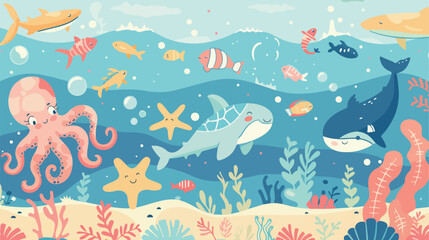 Fototapeta na wymiar Sea life marine animals set with underwater landscape