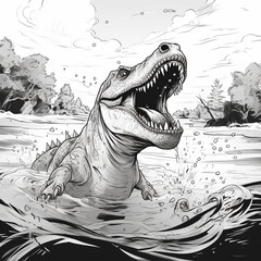 The T Rex drowns in the river because he cant grab - obrazy, fototapety, plakaty