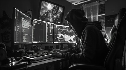 Fototapeta na wymiar Black and white photo of a man in a hoodie focused on working on his computer in a cozy setting