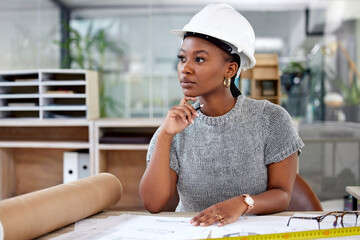 Thinking, architecture and black woman drawing blueprint in office for construction building...