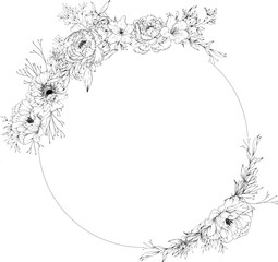  Hand drawn circular frame with lily, wild rose , peony, leaves and branches.
