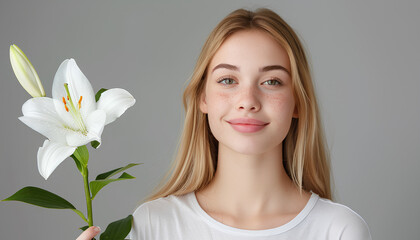 Young woman with lily flower on grey background with space for text. Gynecology concept