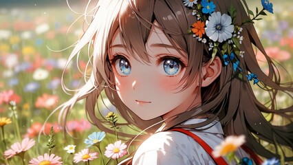 花畑とアニメ風の女の子,Generative AI AI画像