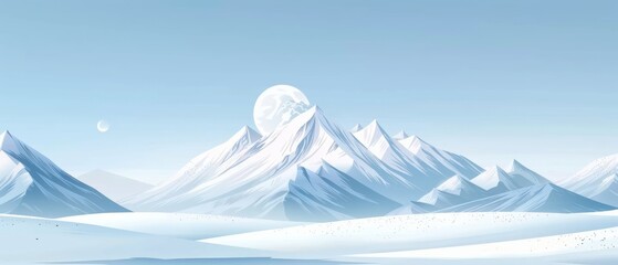 Illustration of Snowy Mountain Range, Tranquil Winter Landscape, Vector Minimalism in Nature, Alpine Serenity and Frosty Peaks