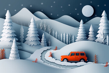 Orange car driving down snowy road trip - obrazy, fototapety, plakaty