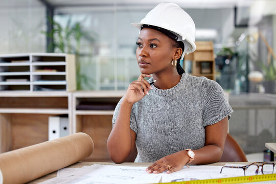 Thinking, architecture and black woman drawing blueprint in office for construction building project. Design, engineer and female industrial worker working with ideas on infrastructure plans.
