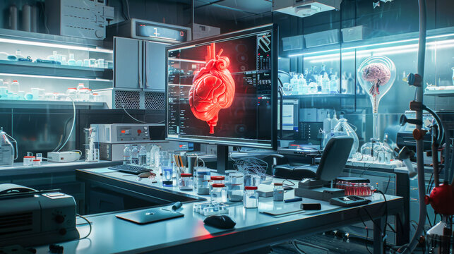 Cardiology Laboratory. Study of Human Heart with Digital Heart Model Displayed on Computer Screen