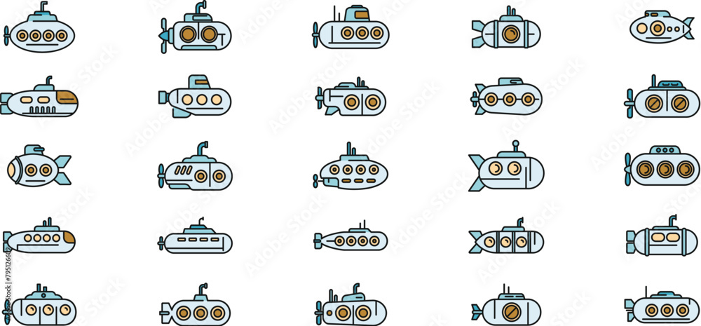 Poster submarine icons set outline vector. periscope guard. army deep dive thin line color flat on white