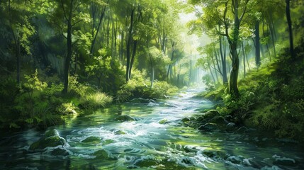 Fototapeta na wymiar Tranquil river flowing through a verdant fores