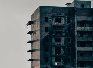 destroyed and burned houses in the city Russia Ukraine war