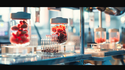 Biomedical Laboratory. Glass Jars with Heart Organoids in Red Solution