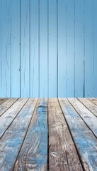 Minimalist blue and white wall background with copy space in mock up room on brown parquet floor