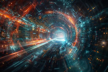 Explore an abstract technological background featuring a matrix of interconnected nodes, pulsating energy streams, and holographic displays symbolizing neural networks