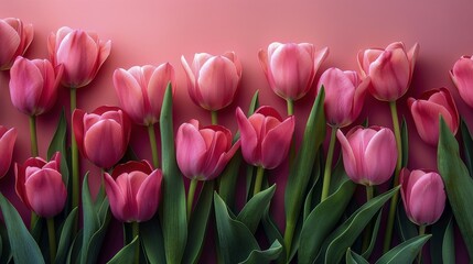 Pink Tulips Aligned Against Pink Wall