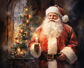 Happy New Year watercolor postcard with Santa Claus decorated Christmas tree with fireplace, lights and festive atmosphere hand drawn illustration.