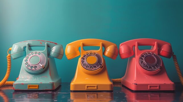 Three Old-Fashioned Telephones Aligned in a Row